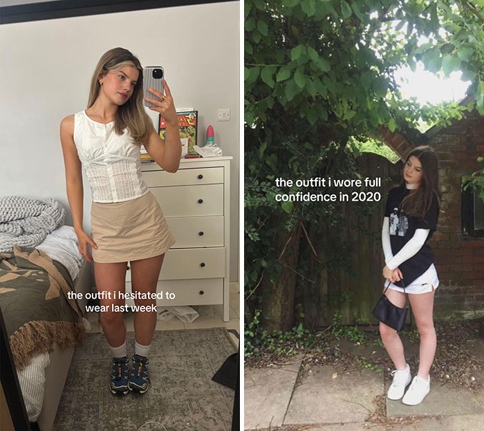 Side-by-side pics of two women showing outfits they hesitated to post versus outfits posted with confidence.