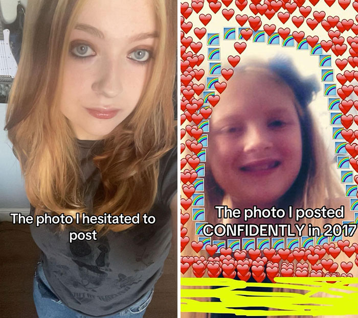 Side-by-side pics of a hesitant photo versus a confidently posted picture with heart and rainbow emojis frame.