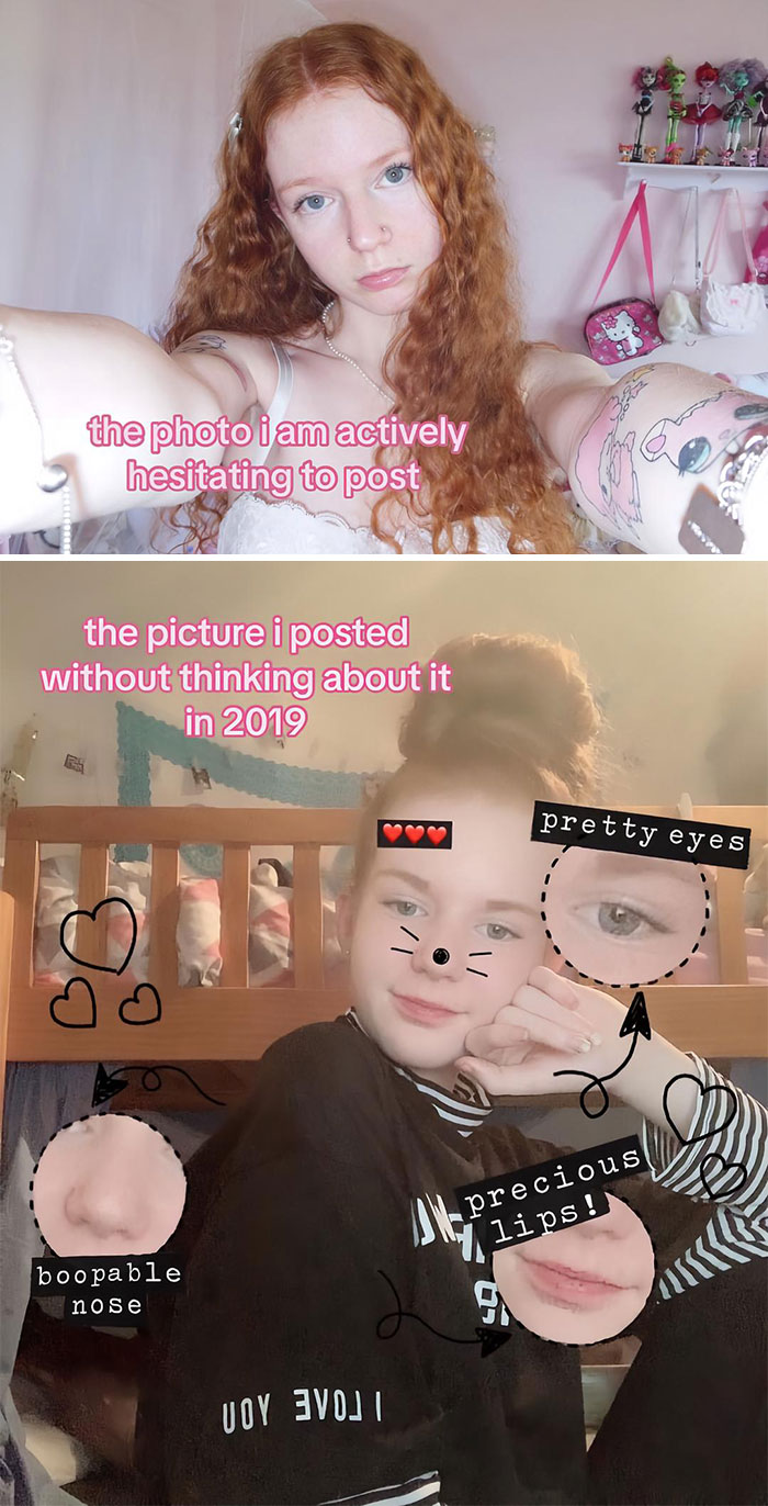 Side-by-side pics showing hesitation to post versus confidence, highlighting self-perception and social media sharing choices.