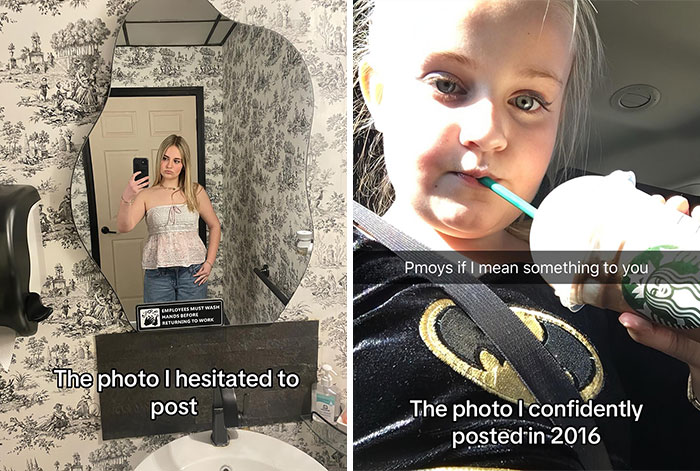 Side-by-side photos comparing hesitant versus confident posts illustrating social media hesitation and confidence.