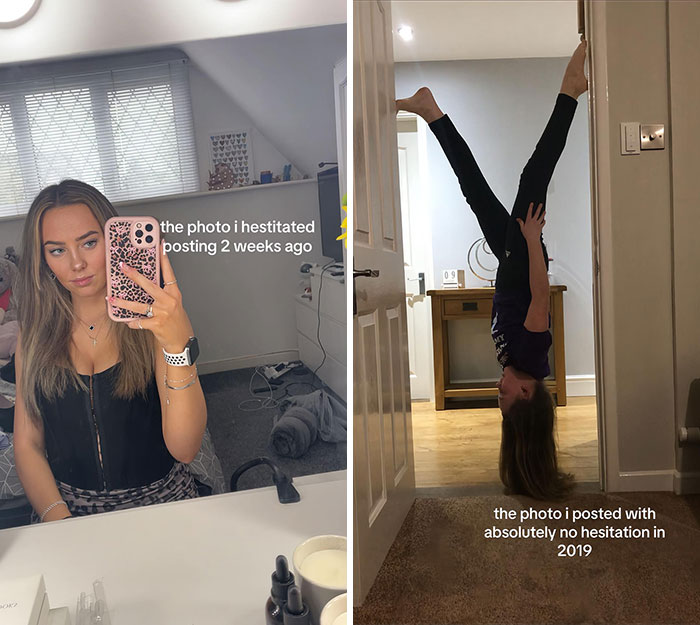 Side-by-side pics showing hesitant selfie versus confident upside-down handstand photo posted online.