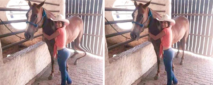 Side-by-side images showing heavy editing differences of an influencer posing with a horse in a stable.