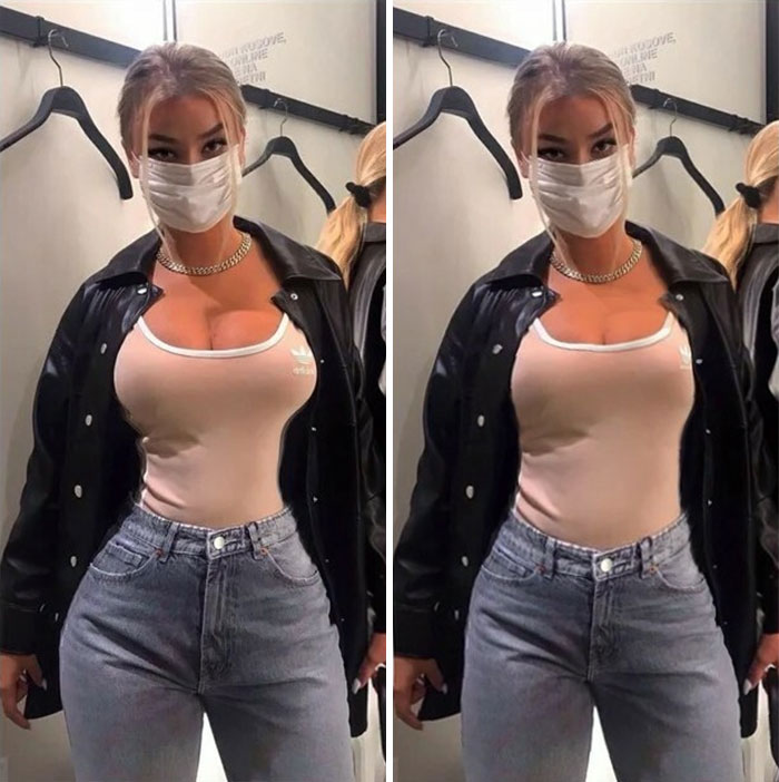 Influencer photo showing heavy editing on Instagram posts with altered body proportions and clothing distortion.