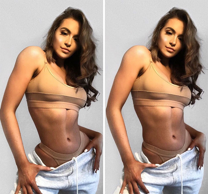 Side-by-side images of a female influencer showing heavy editing differences on Instagram posts.
