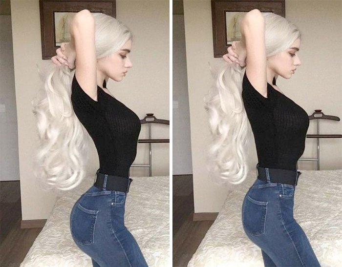 Side-by-side comparison of an influencer with heavy editing on Instagram posts showing exaggerated body proportions.