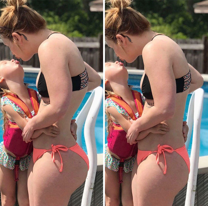 Woman in bikini and child by pool showing comparison for influencers using heavy editing on Instagram photos.