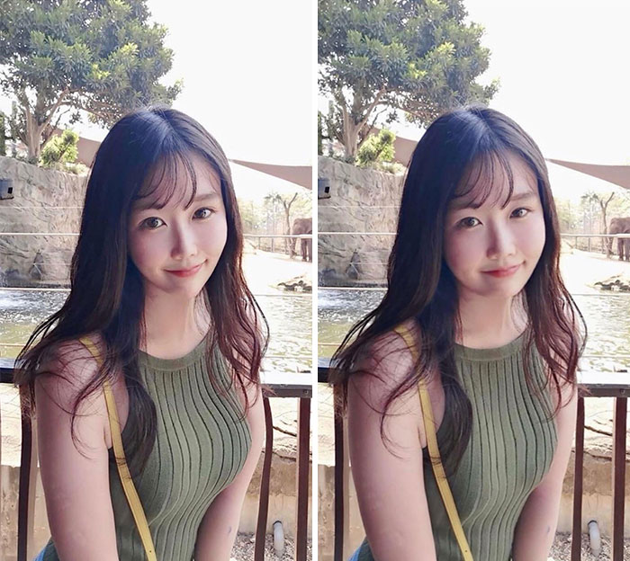 Side-by-side comparison of influencer photos showing heavy editing differences on Instagram posts outdoors.