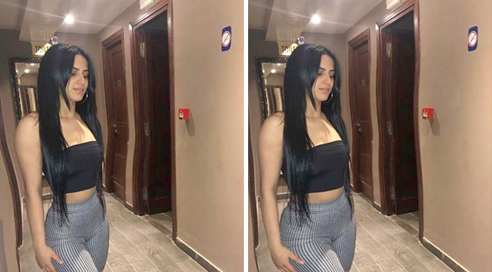 Woman in a black crop top and checkered pants showing heavy editing effects on Instagram posts side by side.