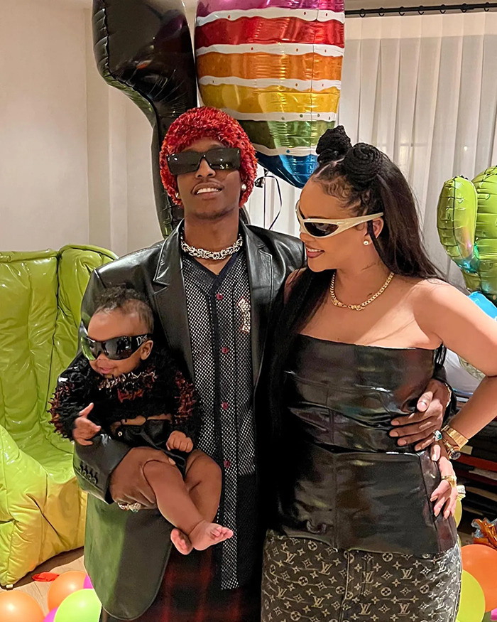 Rihanna and A$AP Rocky with their child, Rihanna showing third pregnancy at Met Gala 2025 in stylish black outfits.