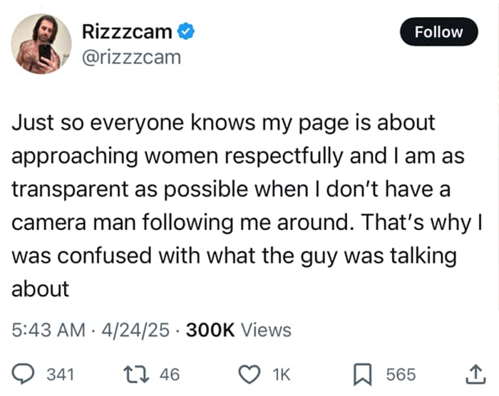 Tweet from influencer addressing accusations of secretly filming woman with smart glasses, emphasizing respectful approach and transparency. Tweet from influencer addressing accusations of secretly filming woman with smart glasses, emphasizing respectful approach and transparency.