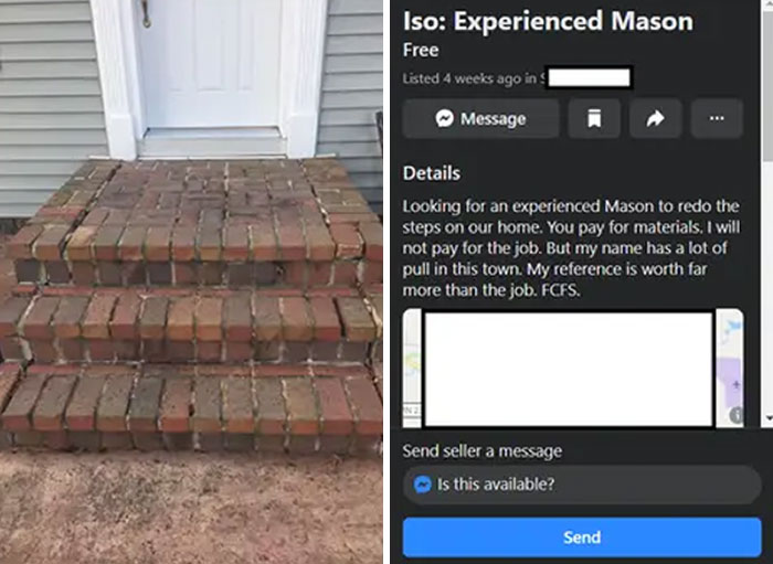 A brick staircase in front of a house next to a post by an entitled person seeking free masonry work.