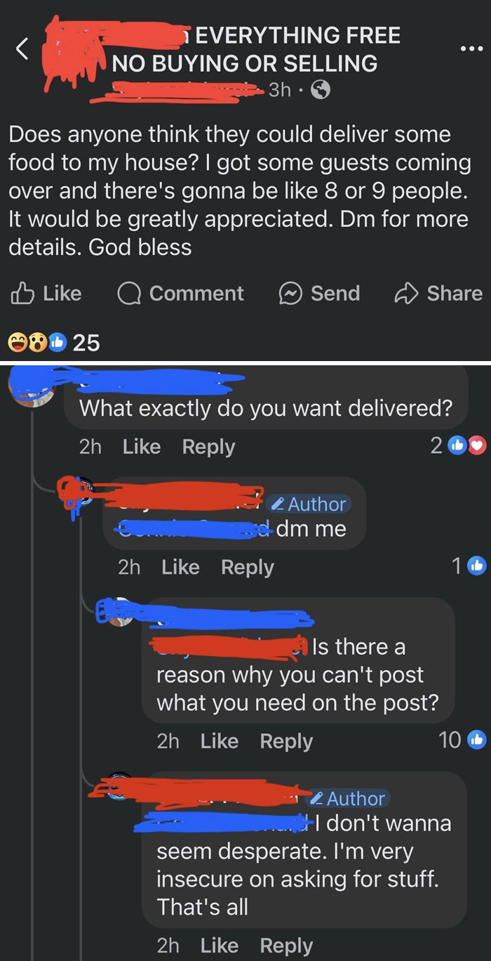 Social media post showing entitled request for free food delivery, sparking annoyed comments about entitlement.