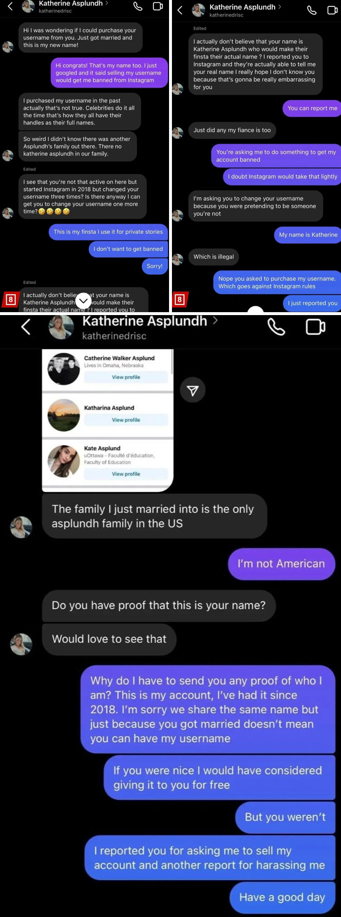 Conversation screenshots showing entitlement over an Instagram username dispute, demonstrating people so entitled it may make blood boil.