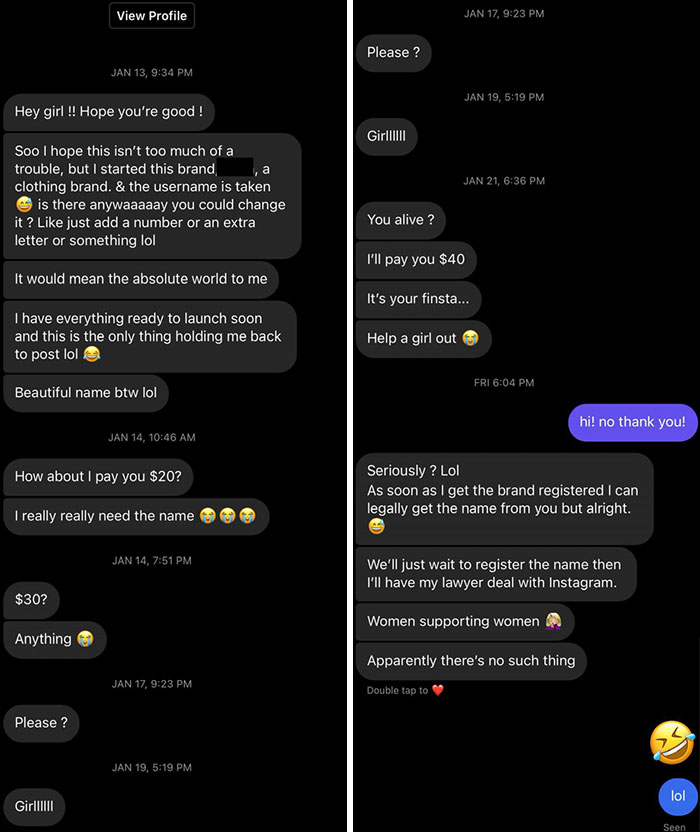 Screenshot of entitled messages demanding Instagram name change, highlighting people so entitled they might make your blood boil.