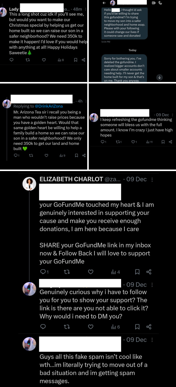 Screenshots of social media posts showing entitled people asking for donations and support to build a safer home via GoFundMe.
