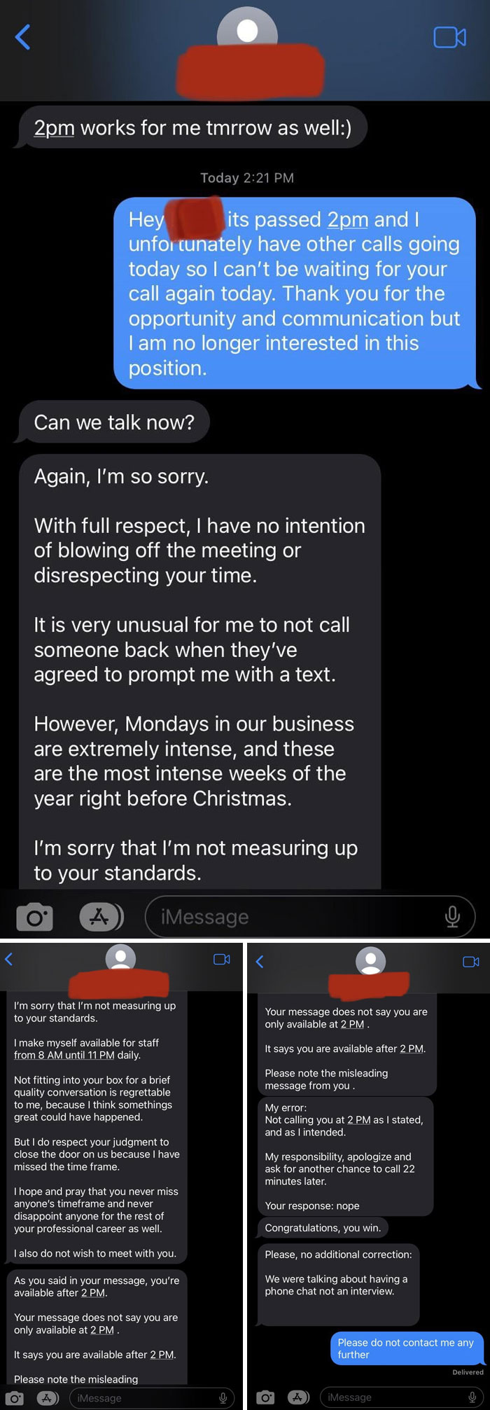 Screenshot of a text conversation showing entitled behavior and frustration during a scheduling conflict about a phone call.