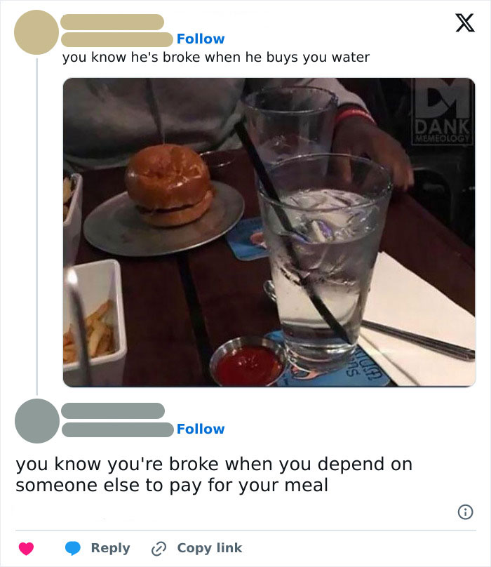 Meme showing entitled people arguments about being broke when buying water or relying on others to pay for meals.