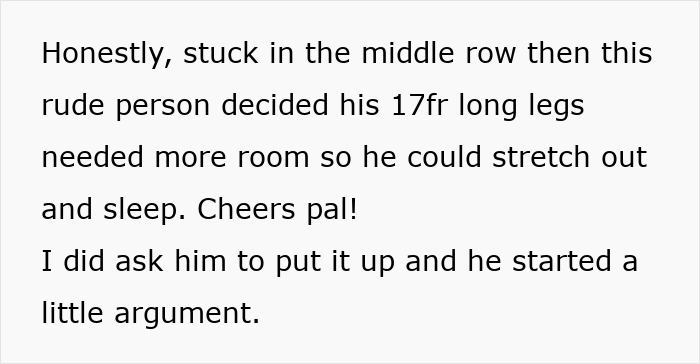 Alt text: Woman complains about plane passenger stretching legs in middle row, causing argument and getting dragged instead