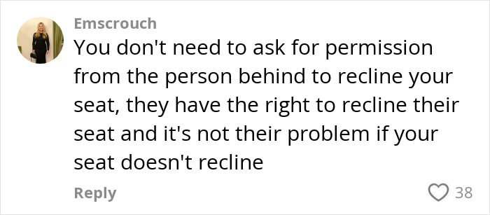 Social media comment defending plane passenger&rsquo;s right to recline seat without asking permission or complaints.