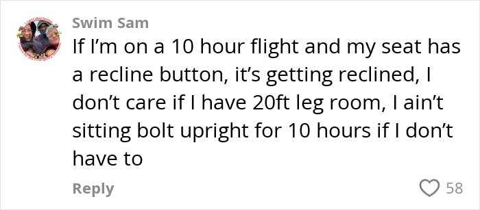 Comment about reclining seat on a long flight, highlighting plane passenger complaint and reaction debate.