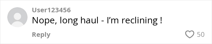 Comment on social media about a woman complaining about a plane passenger reclining during a long haul flight.