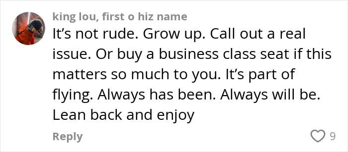 Commenter responding to a woman complaining about a plane passenger, discussing flying etiquette and seating preferences.