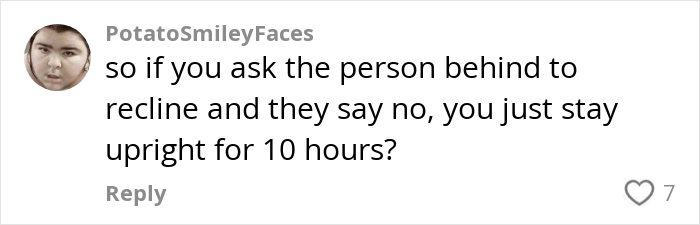 Social media comment questioning reclining etiquette on a plane, discussing passenger complaints and seating conflicts.