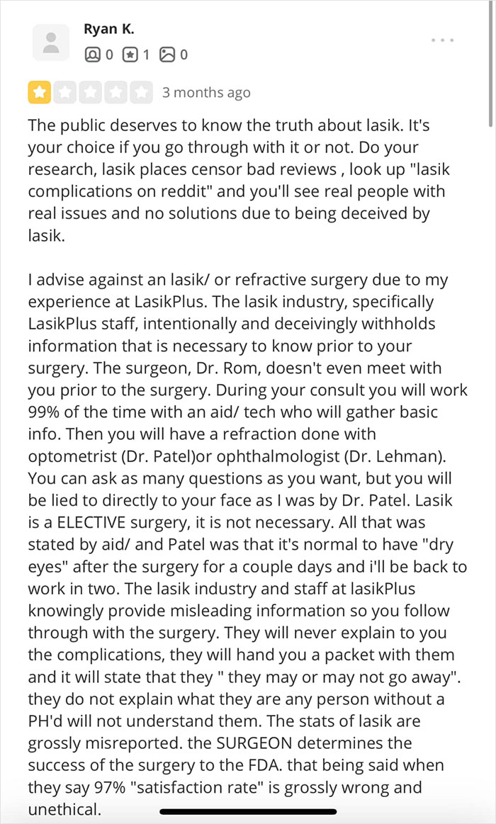 Screenshot of a negative LASIK review warning about complications, deceptive practices, and misleading information by LASIKPlus staff.