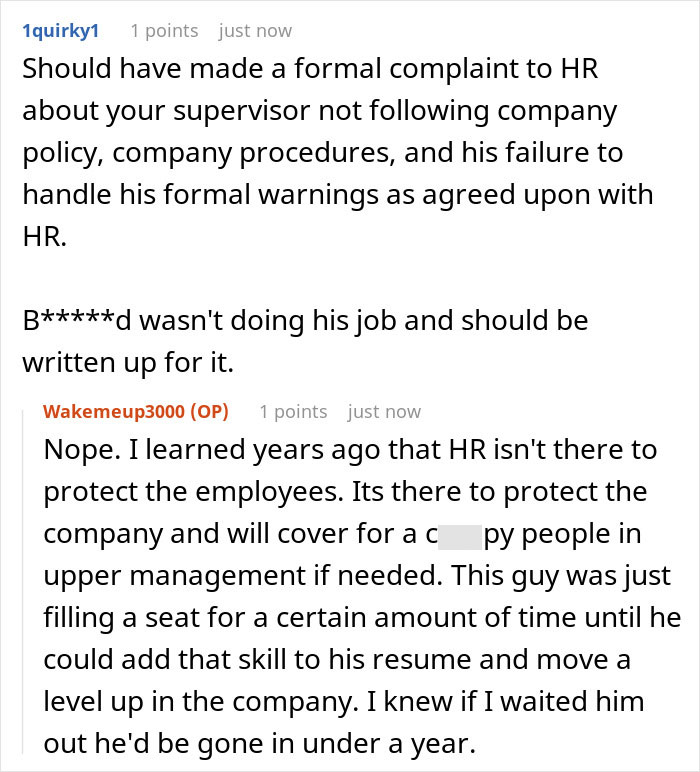 Reddit comments discussing a manager trying to fire an employee with baseless claims and issues with HR protection policies.