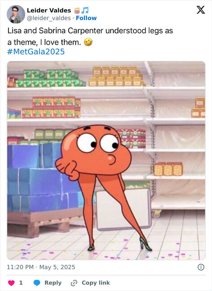 Cartoon character with legs wearing high heels, humorously linked to Sabrina Carpenter pantless outfits at Met Gala 2025.