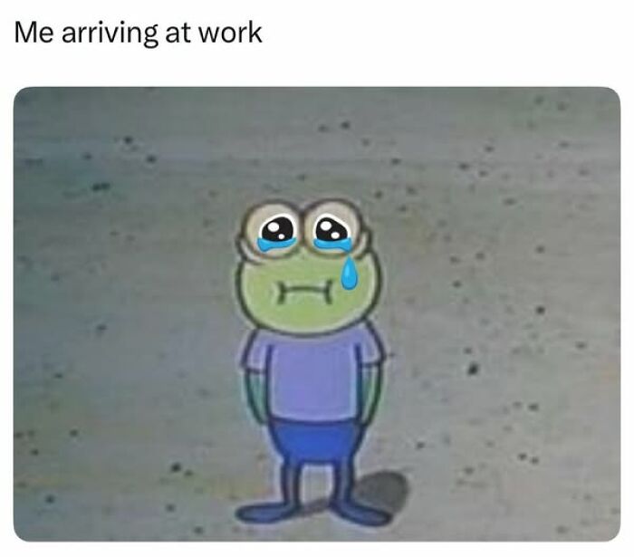Sad cartoon frog with tears, captioned me arriving at work, a sarcastic meme shared on Facebook.