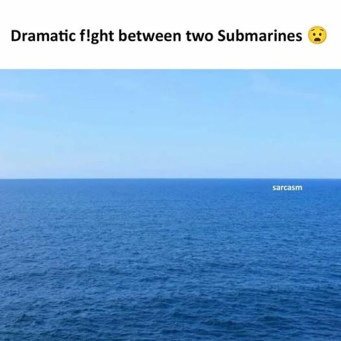 Ocean scene with barely visible submarines humorously representing sarcastic memes in a dramatic underwater fight.
