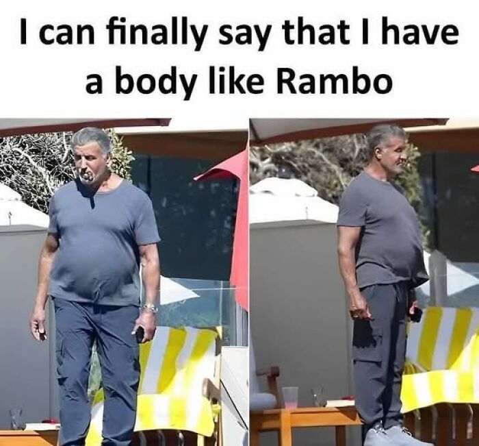 Man with a round belly wearing a gray shirt and pants, humorously comparing his body to Rambo in sarcastic meme.
