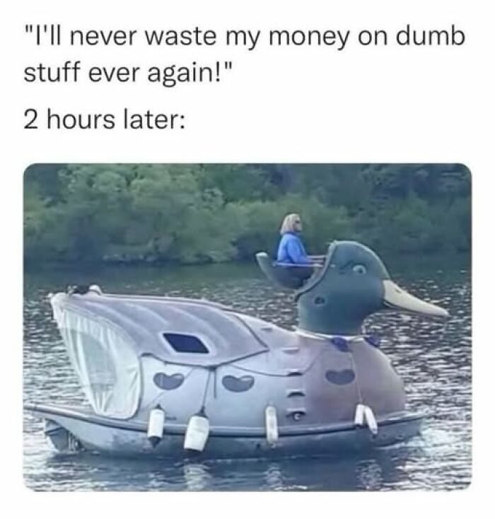 Sarcastic meme showing a woman riding a duck-shaped paddle boat after saying she won’t waste money on dumb stuff again.