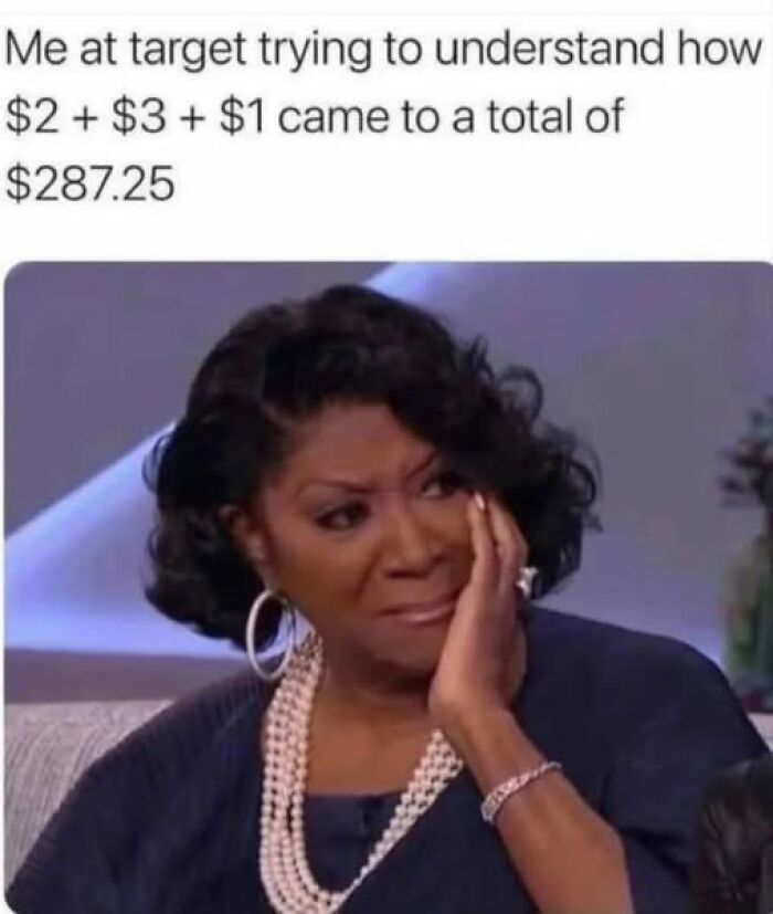 Woman with a confused expression, resting her face on her hand, illustrating sarcastic memes about unexpected shopping totals.
