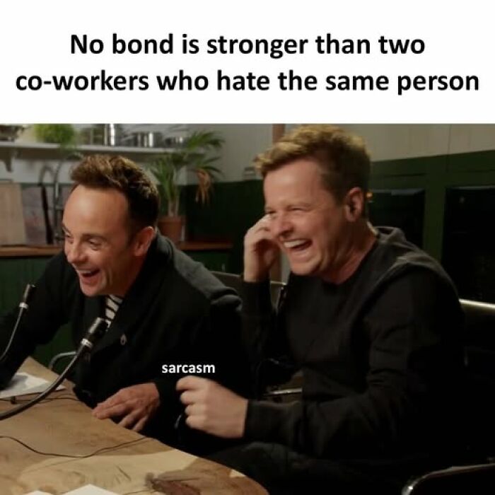 Two co-workers laughing together in a sarcastic meme about shared hate, showcasing hilariously sarcastic memes humor.