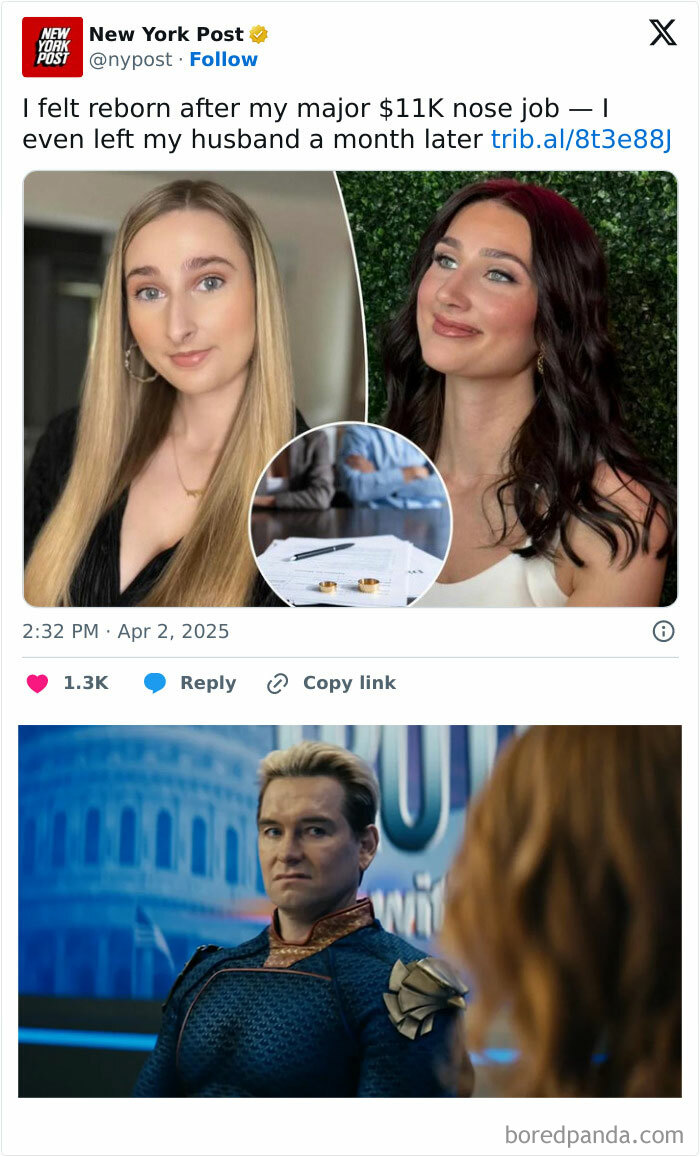 Two women before and after nose job transformation with wedding rings shown, and a superhero character looking serious indoors.