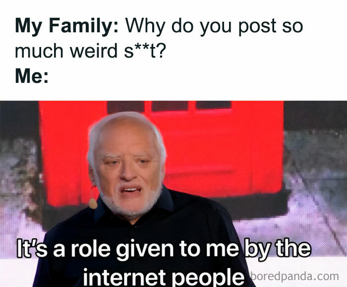 Older man with microphone on stage saying his online role is given by internet people in a funny random meme to make you giggle.
