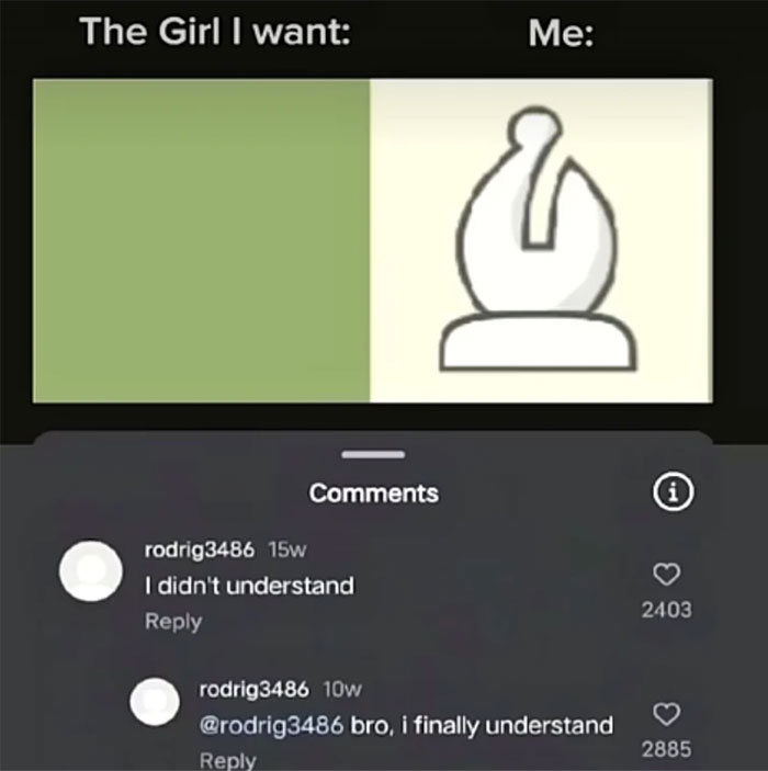 Chess meme showing "The Girl I want" as a green square and "Me" as a white bishop piece with funny comments, random memes.