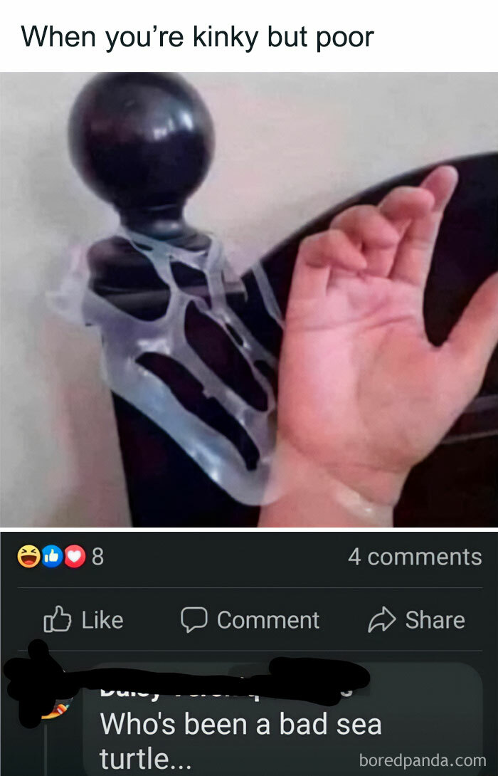Hand wrapped in plastic c****m stretched over a gear shift lever meme from funny random memes collection.