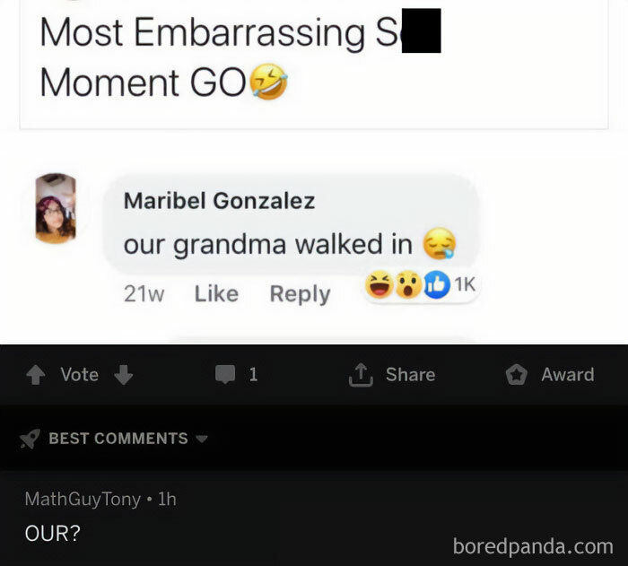 Funny random meme showing an embarrassing moment comment about grandma walking in, with playful reactions and replies.