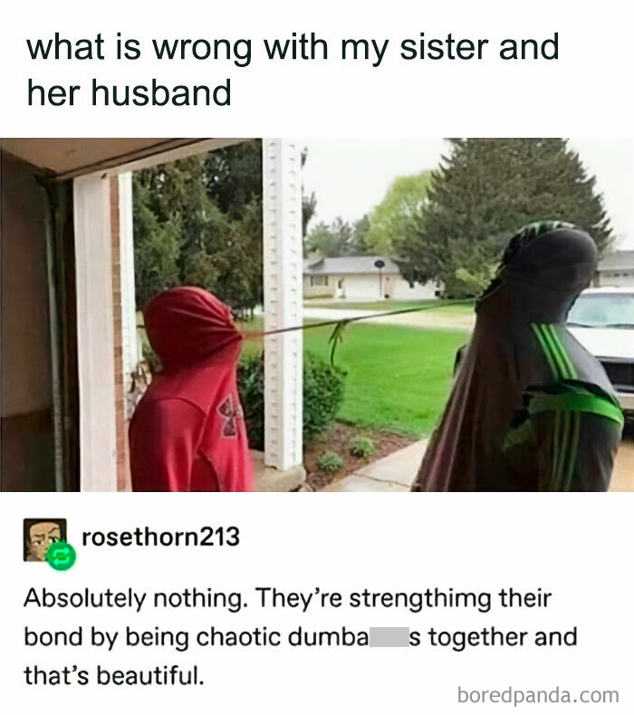 Two people in hoodies with faces covered by fabric heads, connected by a stretched plant stem, a funny random meme.