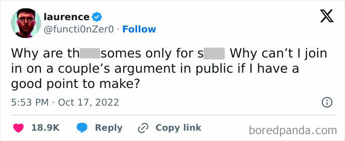 Tweet by user laurence questioning why threesomes are only for s*x, fitting the theme of funny random memes.