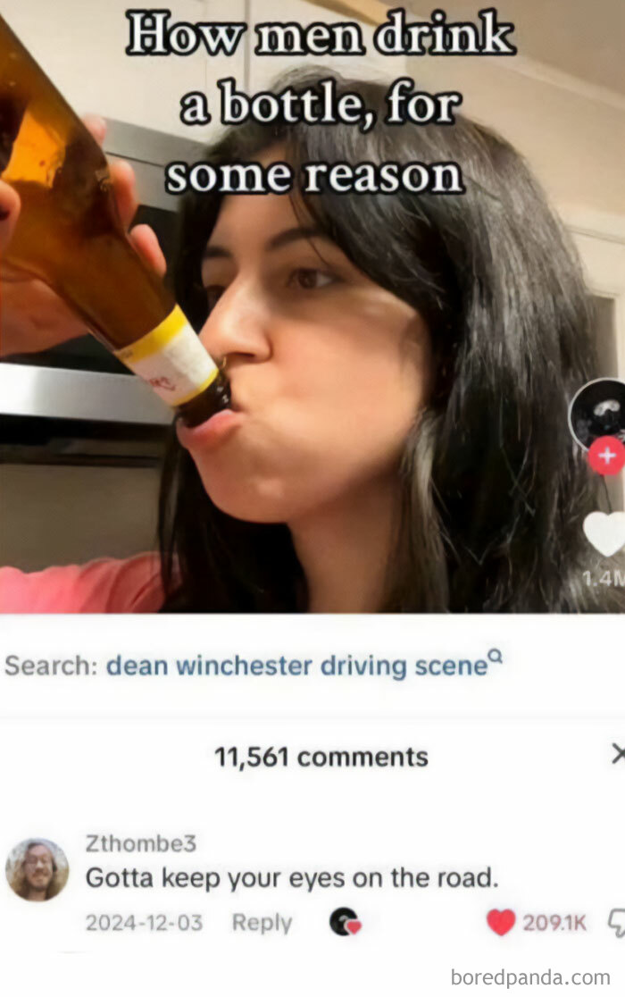 Woman humorously drinking from a bottle with text meme, part of funny random memes to make you giggle collection.