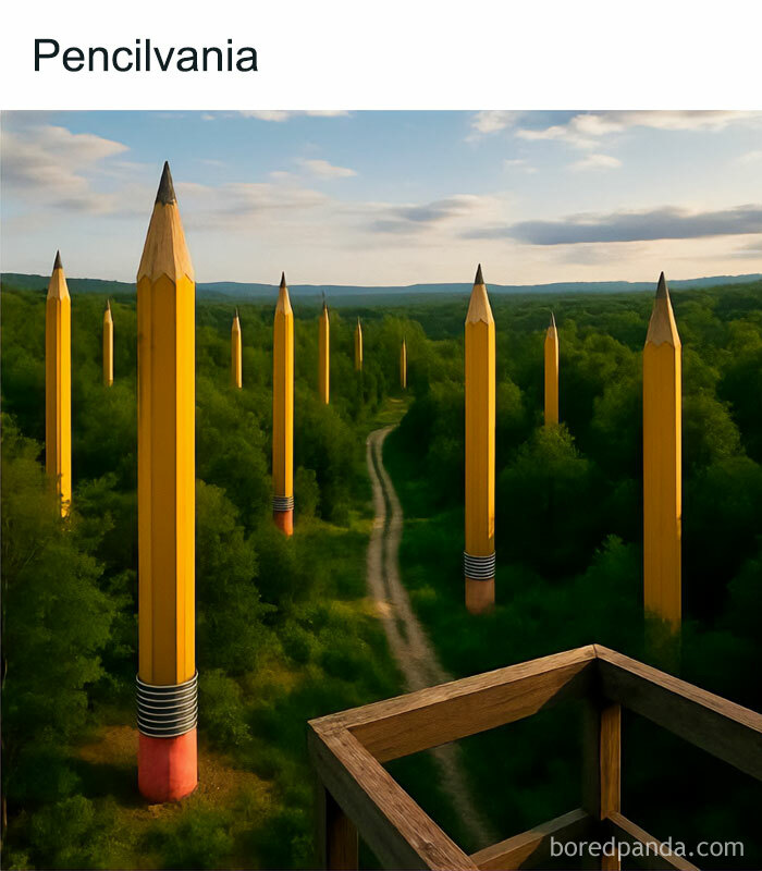 Surreal landscape with giant pencils rising from a forest along a winding dirt path, a funny random meme concept.