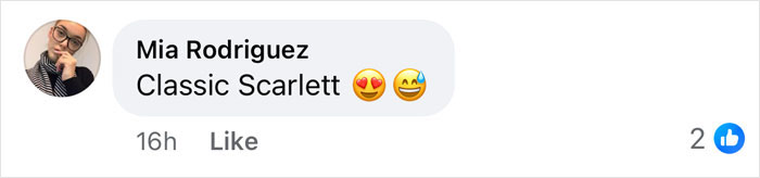 Comment from Mia Rodriguez praising Scarlett Johansson with heart eyes and smiling emojis on social media post. Comment from Mia Rodriguez praising Scarlett Johansson with heart eyes and smiling emojis on social media post.