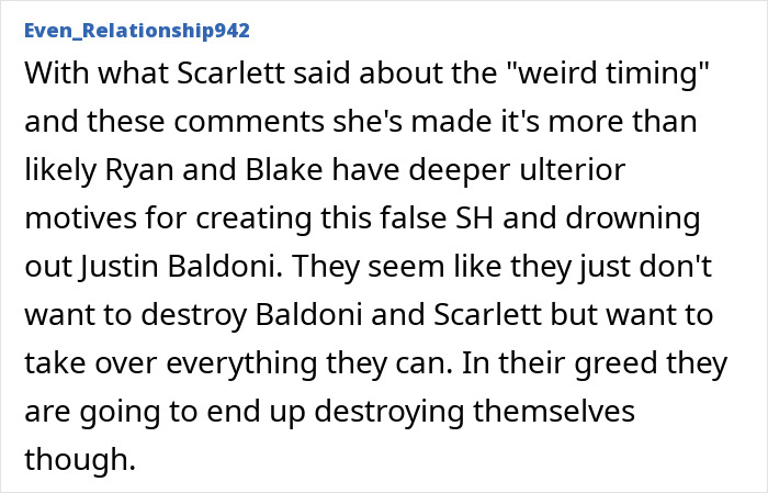 Comment discussing Scarlett Johansson's silence on Ryan Reynolds and Blake Lively's lawsuit against Baldoni.