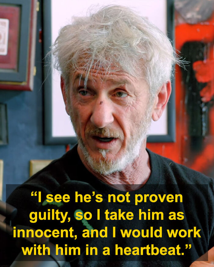 Sean Penn with a rough appearance speaking about Woody Allen in an interview with intense facial expression.