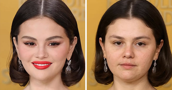 Side-by-side comparison of a Hollywood star with and without makeup, illustrating cosmetologist&rsquo;s reveal on natural looks.