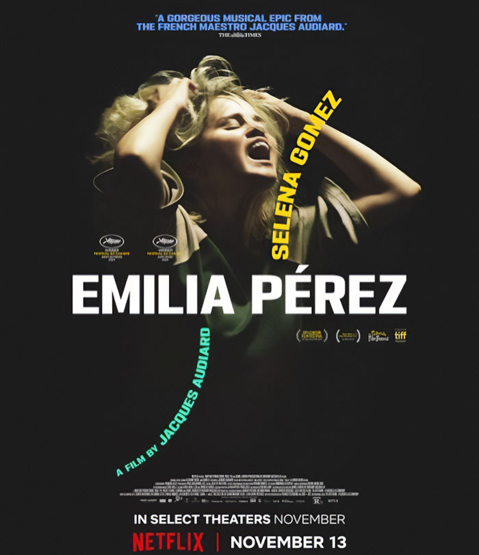 Movie Emilia P&eacute;rez with actress in a dramatic pose with Selena Gomez's net worth and earnings from makeup and music highlighted.